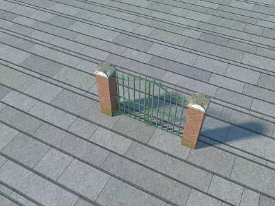 Building Exterior Wall Design Featuring Red Brick Pillars And Green Metal Gate 3d model