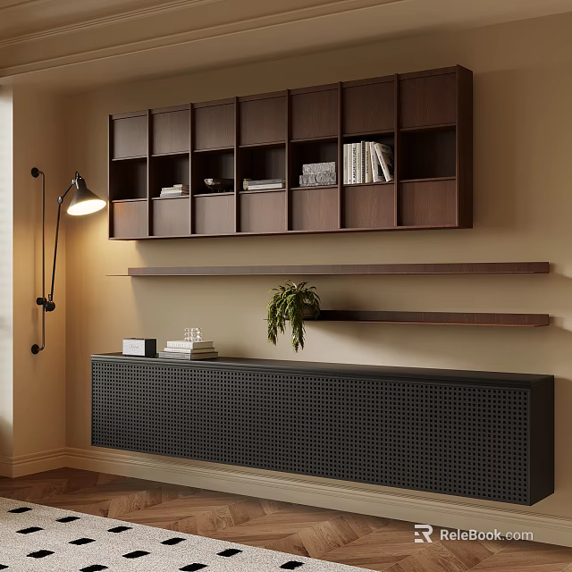 Modern Dark Wood Bookshelf With Multiple Compartments Books Floating Shelves Potted Plant And Storage Cabinet 3d model 