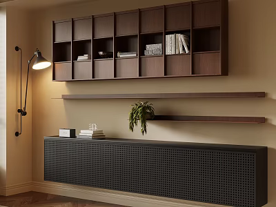 Modern Dark Wood Bookshelf With Multiple Compartments Books Floating Shelves Potted Plant And Storage Cabinet 3d model