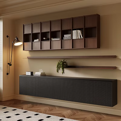 Modern Dark Wood Bookshelf With Multiple Compartments Books Floating Shelves Potted Plant And Storage Cabinet 3d model