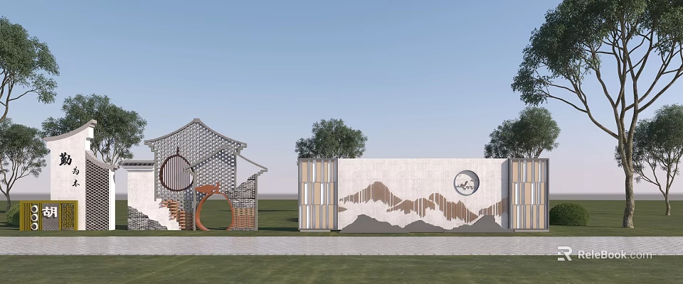 Traditional Chinese Architectural Landscape With Circular Doorway And Mountain Pattern Wall 3d model