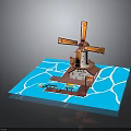 3D Windmill Model Kit Featuring Orange Blades Blue Water Base And Small House Platform