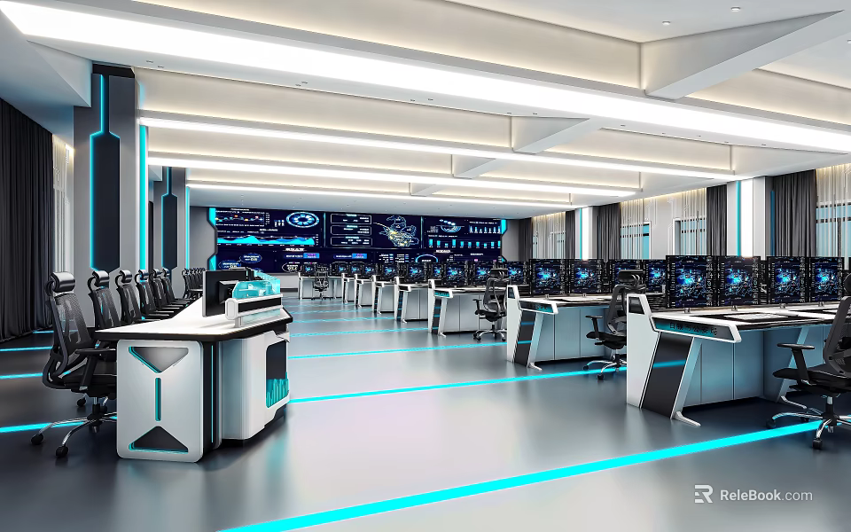Modern Control Room Interior With Multiple Monitors Control Desks And Ergonomic Chairs 3d model 