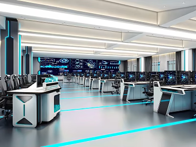 Modern Control Room Interior With Multiple Monitors Control Desks And Ergonomic Chairs 3d model