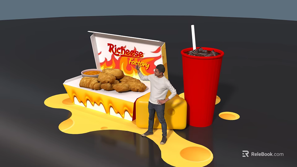 Creative Art Installation With Richeese Spicy Chicken Box Chicken Red Cup And Melted Cheese 3d model 