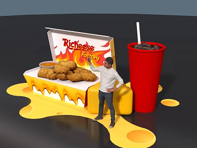 Creative Art Installation With Richeese Spicy Chicken Box Chicken Red Cup And Melted Cheese 3d model