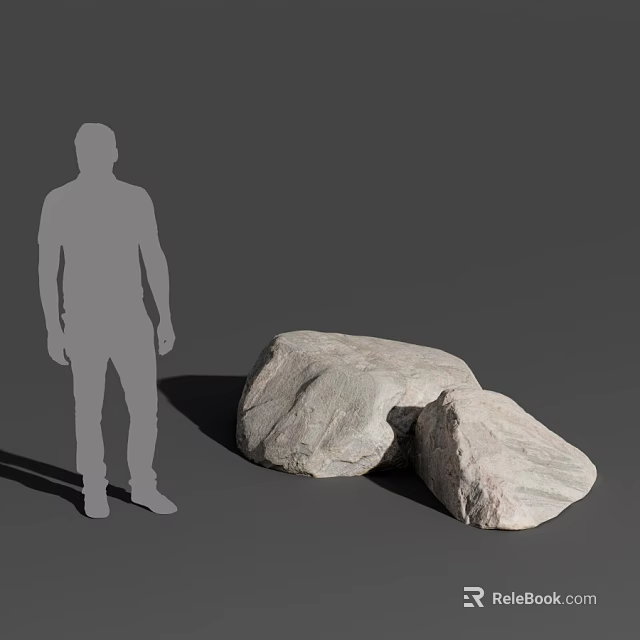 Silhouette Figure Standing Next to Two Large Natural Stone Boulders in Gray Background 3d model 