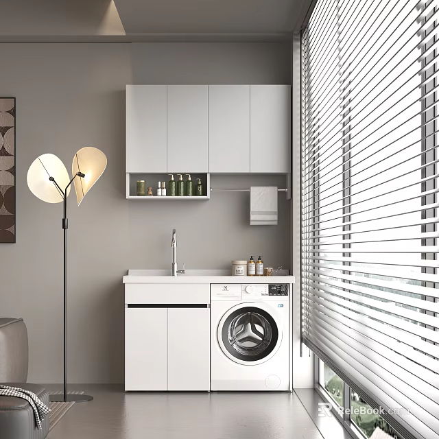 Modern Home Balcony With White Storage Cabinets Washing Machine Sink Blinds And Floor Lamp 3d model 