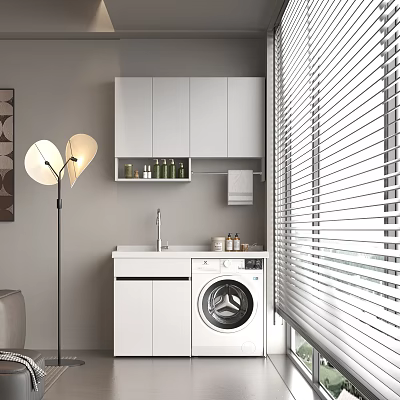 Modern Home Balcony With White Storage Cabinets Washing Machine Sink Blinds And Floor Lamp 3d model