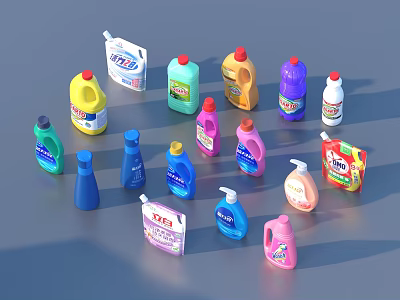 Colorful Household Cleaning Supplies Featuring Various Liquid Detergent Bottles And Packages 3d model