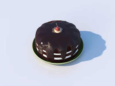 Chocolate Cake With Layers And Chocolate Frosting On Green Plate With Cherry 3d model