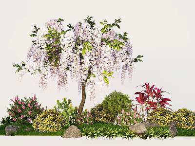 Garden Landscape Featuring Wisteria with Purple Blossoms Colorful Shrubs Red Flowers Stones and Green Lawn 3d model