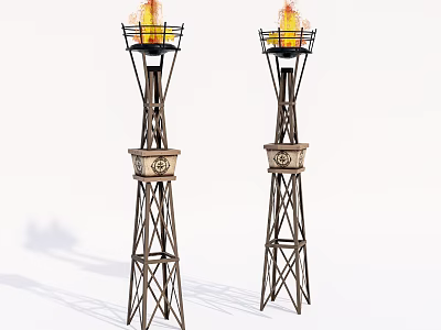 Tall Ancient Architectural Torch Towers With Flames And Traditional Decorative Design 3d model