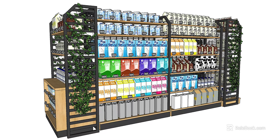 Retail Display Shelves With Organized Colorful Products And Green Plant Decor 3d model 