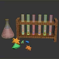 Laboratory Display With Wooden Test Tube Rack Glass Tubes Colorful Star Shapes And Conical Flask