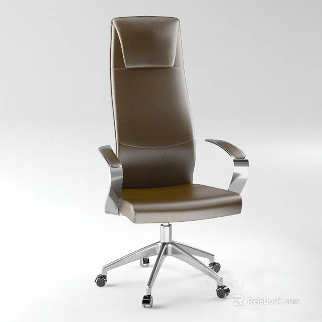 Brown Leather Office Chair With High Back Metal Armrests And Silver Five Star Casters 3d model 