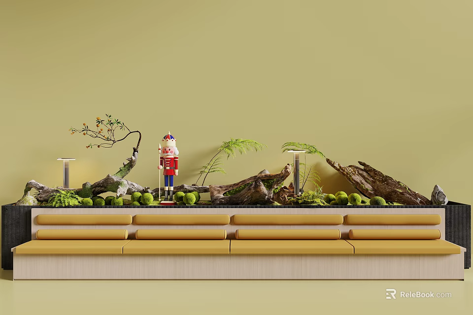 Elegant Indoor Plant Combination With Ferns Branches Nutcracker Stones And Greenery On Tabletop 3d model 