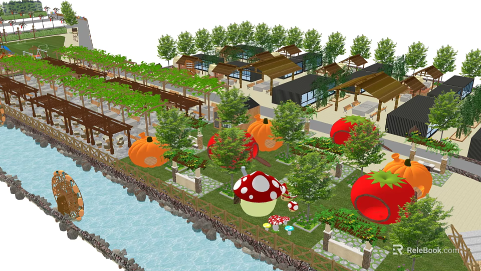 Scenic Garden Landscape With River Wooden Corridors Mushroom Sculptures Pumpkin Decorations And Trees 3d model 