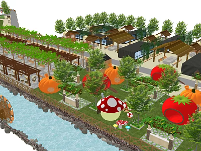 Scenic Garden Landscape With River Wooden Corridors Mushroom Sculptures Pumpkin Decorations And Trees 3d model