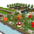 Scenic Garden Landscape With River Wooden Corridors Mushroom Sculptures Pumpkin Decorations And Trees