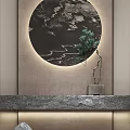 Entry Console Table With Circular Decorative Painting Modern Lighting And Green Plant