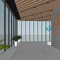 Modern Hotel Lobby Interior With Wooden Ceiling Large Glass Windows And Curved Sofa