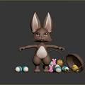 Cute Brown Rabbit Standing On Pink Plaid Mat With Basket Of Scattered Easter Eggs
