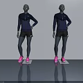 Two Mannequins Wearing Dark Blue Sportswear With Black Shorts And Pink Sneakers