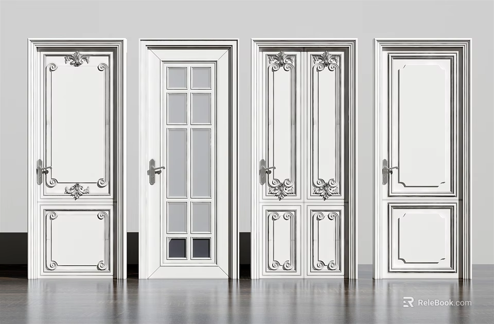 Elegant White Swing Doors Featuring Various Decorative Patterns And Glass Panels 3d model