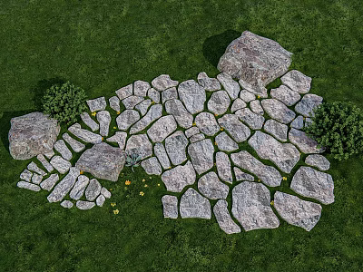 Natural Garden Landscape with Irregular Stone Path Green Lawn Bushes and Small Yellow Flowers 3d model