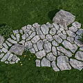 Natural Garden Landscape with Irregular Stone Path Green Lawn Bushes and Small Yellow Flowers