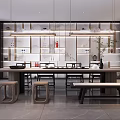 Modern Teahouse Interior With Long Wooden Table Decorative Paintings And Hanging Lamp