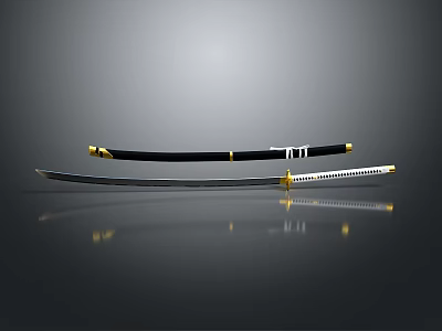 Traditional Samurai Weapon Featuring Black Scabbard Gold Accents and Sharp Blade on Reflective Surface 3d model