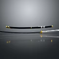 Traditional Samurai Weapon Featuring Black Scabbard Gold Accents and Sharp Blade on Reflective Surface