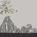 Decorative Rockery Stones with Green Twig on Gray Wall Background