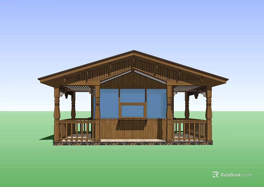 Rustic Wooden House Exterior Featuring Gabled Roof Front Porch And Columns 3d model 