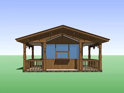 Rustic Wooden House Exterior Featuring Gabled Roof Front Porch And Columns 3d model