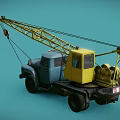 Yellow Crane Mounted On Blue Truck With Metal Hook And Lights