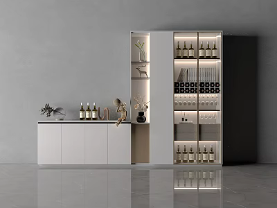 Modern Wine Cabinet With Glass Door Shelves Counter Top And Decorative Wine Bottles 3d model