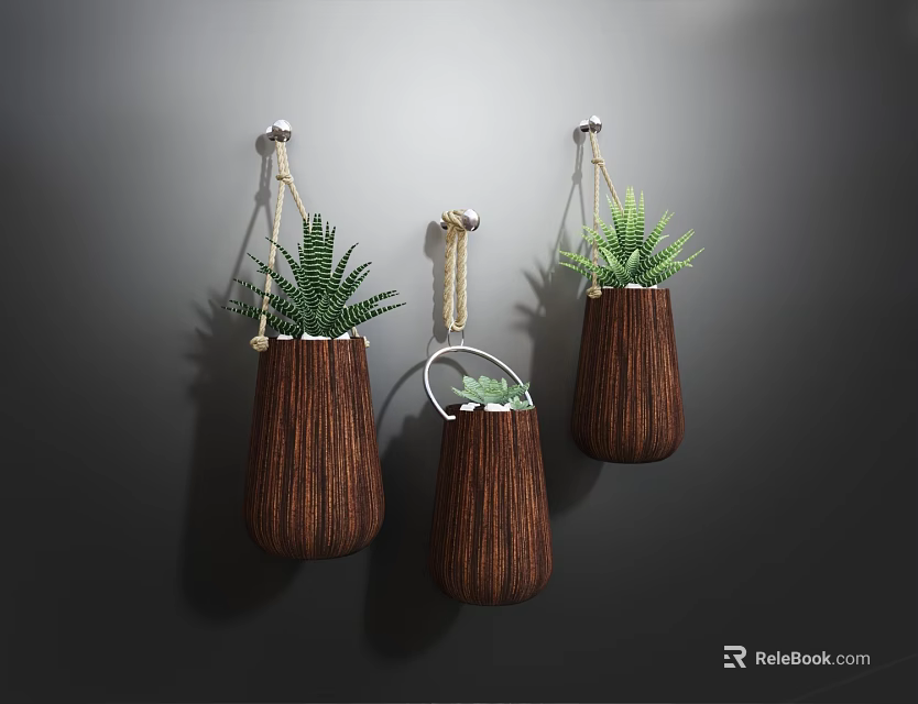 Wooden Hanging Planters With Green Plants For Home Indoor Wall Decor 3d model 