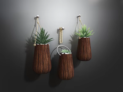 Wooden Hanging Planters With Green Plants For Home Indoor Wall Decor 3d model