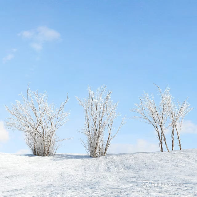 Snow Covered Bushes Standing On Winter Hillside Under Blue Sky With White Clouds 3d model 