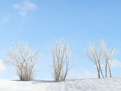 Snow Covered Bushes Standing On Winter Hillside Under Blue Sky With White Clouds 3d model