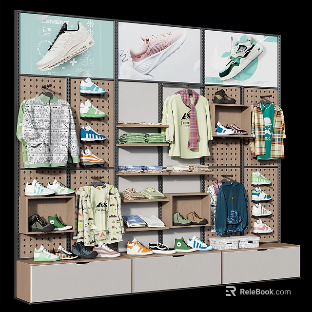 Assorted Stylish Shoes Displayed On Pegboard Wall With Apparel In Retail Store 3d model 