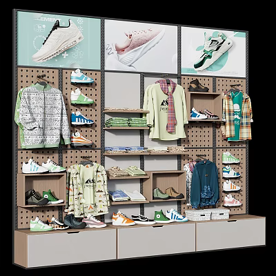 Assorted Stylish Shoes Displayed On Pegboard Wall With Apparel In Retail Store 3d model