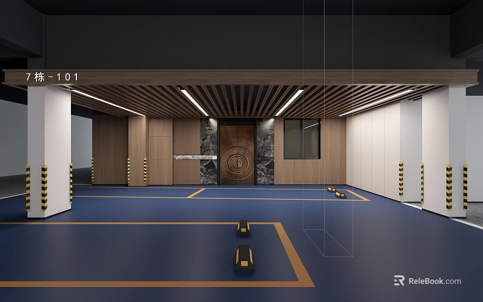 Modern Garage Interior Design With Wooden Ceiling Blue Floor And Yellow Lines 3d model 
