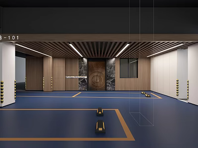 Modern Garage Interior Design With Wooden Ceiling Blue Floor And Yellow Lines 3d model