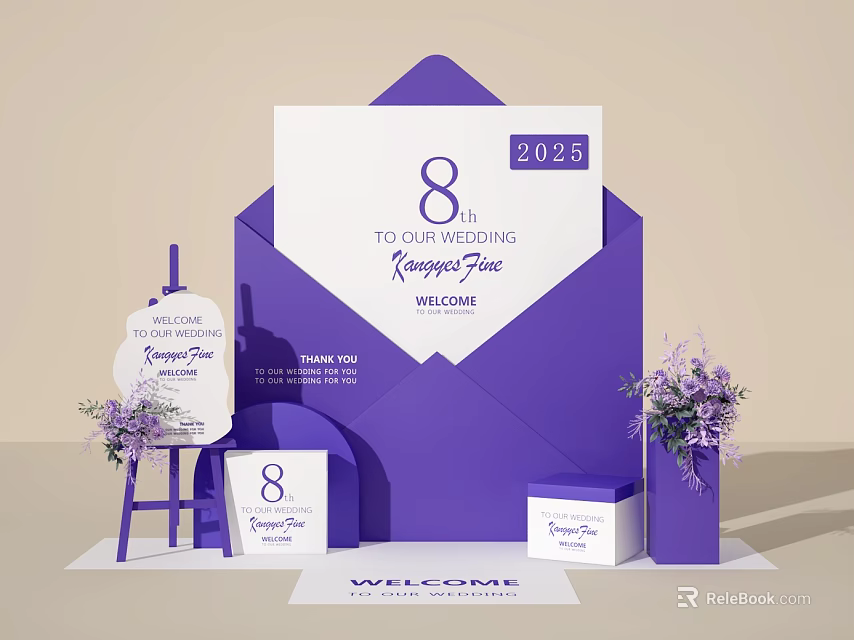 8th Wedding Photo Check In Spot With Purple Envelope Welcome Sign And Flower Arrangements 3d model 