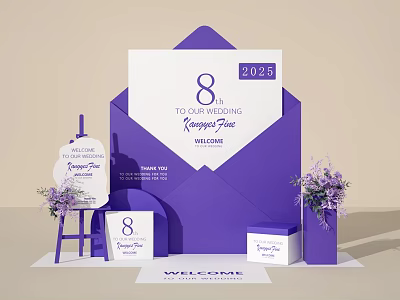 8th Wedding Photo Check In Spot With Purple Envelope Welcome Sign And Flower Arrangements 3d model