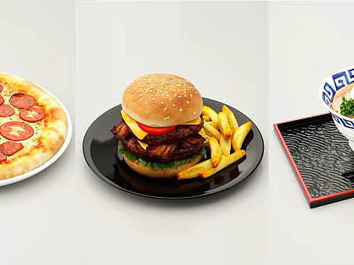 Delicious Pepperoni Pizza Juicy Burger With Crispy French Fries And Fresh Salad 3d model